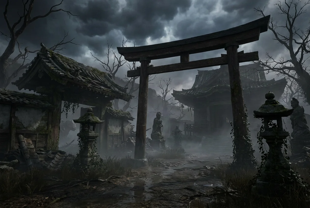 Abandoned Japanese shrine beneath storm clouds
