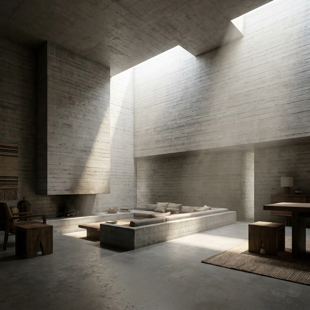Sunlight falling into a minimalist concrete interior