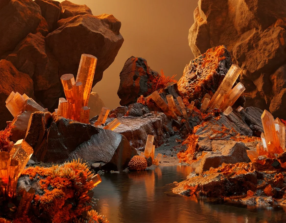 Orange crystals beside a stream in a rocky canyon