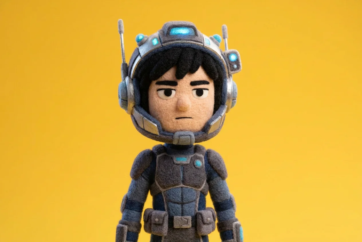 Felt astronaut character against a yellow background