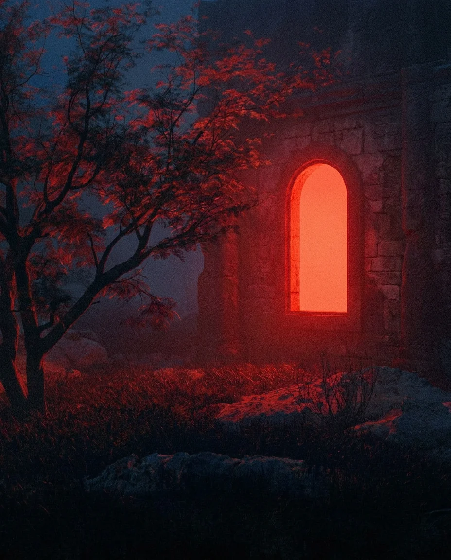 Glowing red portal in a dark forest