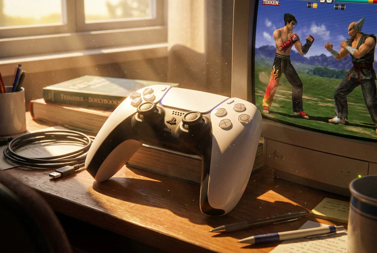 Game controller and retro screen on a sunlit desk