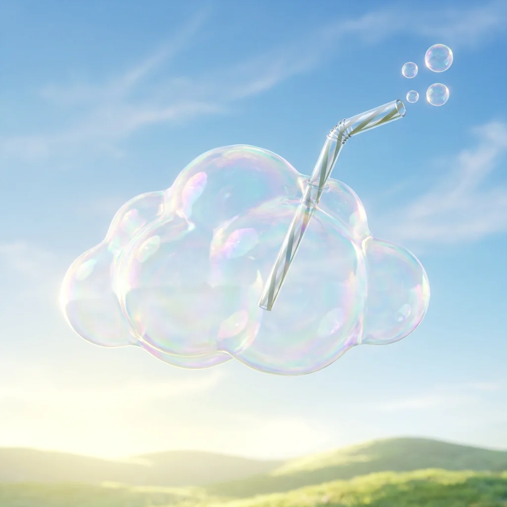 Iridescent cloud with a glass straw and floating bubbles