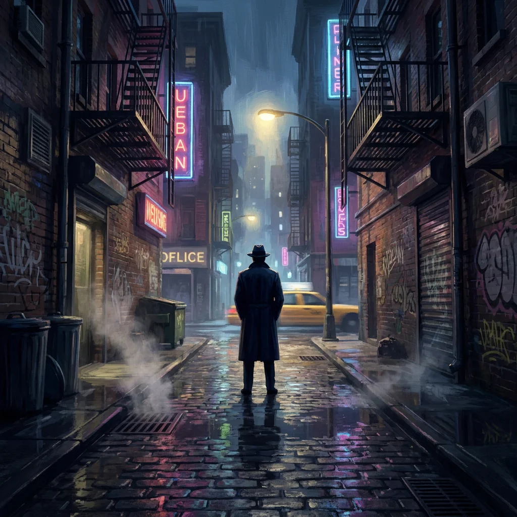 Figure in a rain-soaked alley with blue neon signs