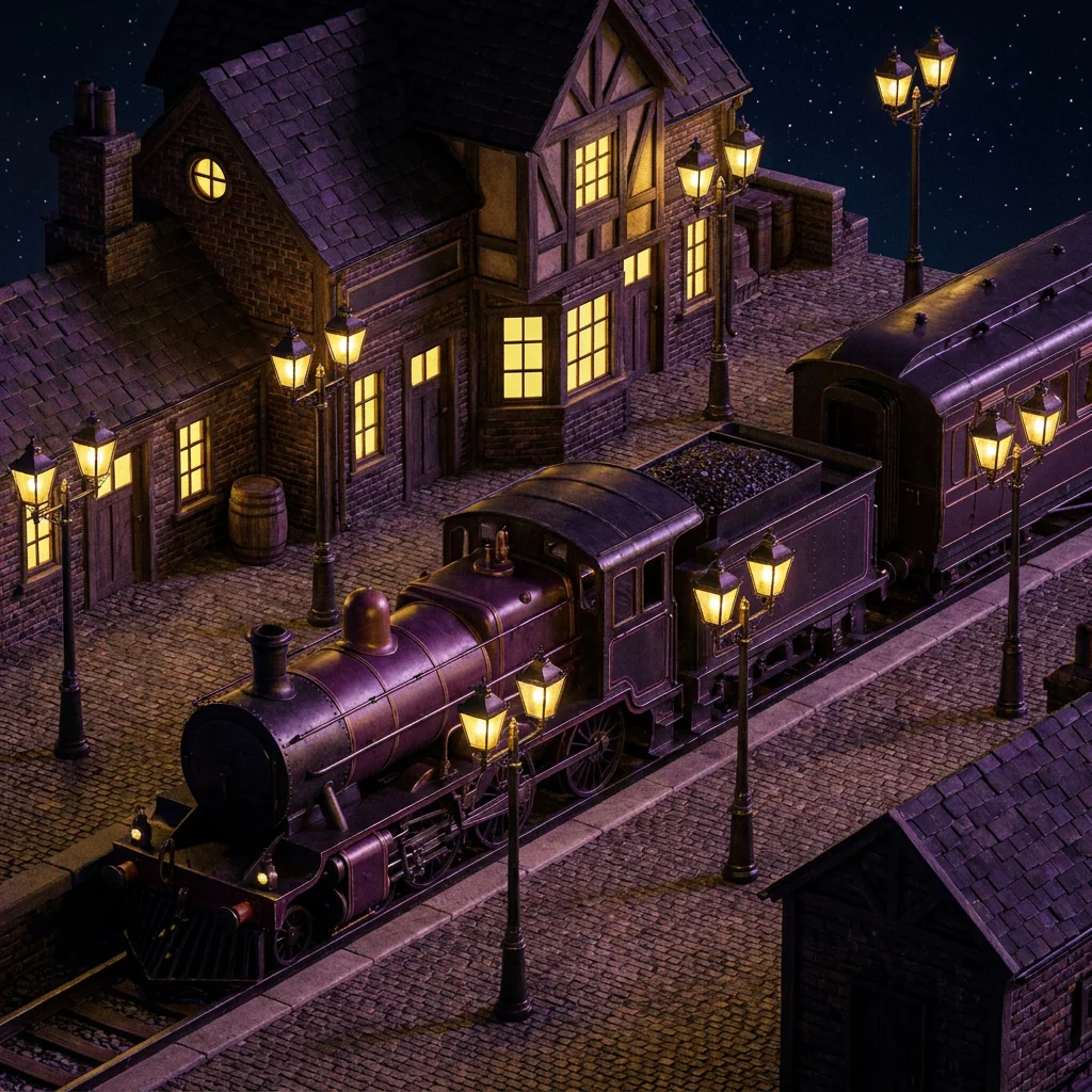 Steam train at a warmly lit station at night