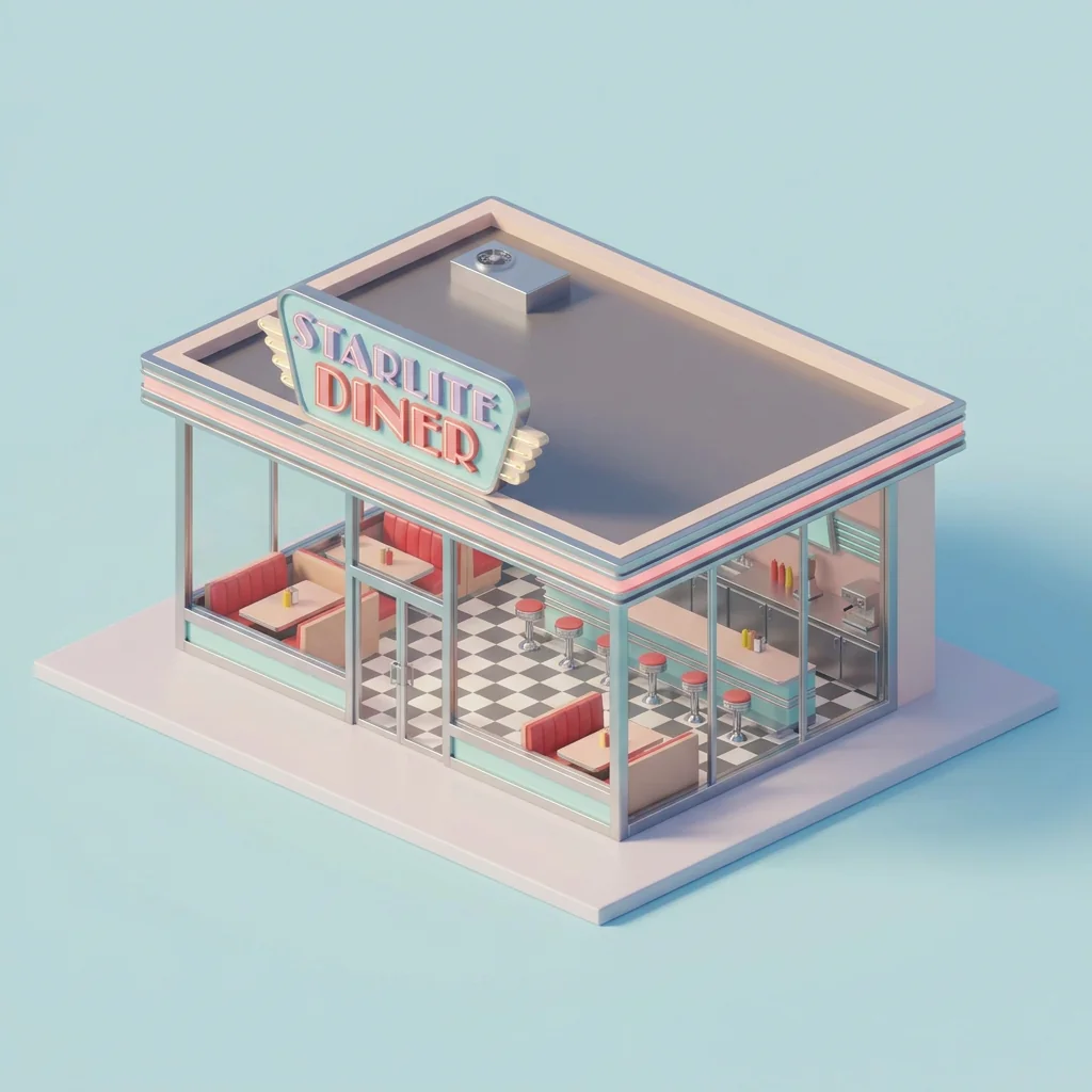 Pastel isometric diner with a checkerboard floor