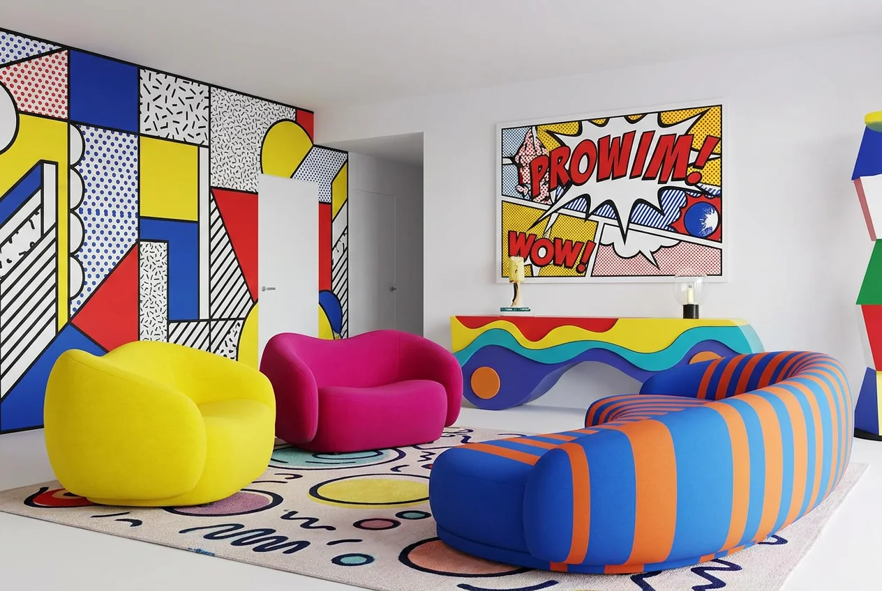 Colorful pop-art living room with sculptural furniture