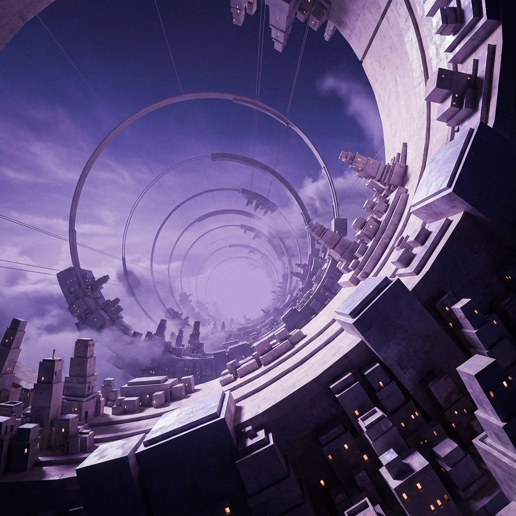 Purple city curving around a vast cylindrical sky