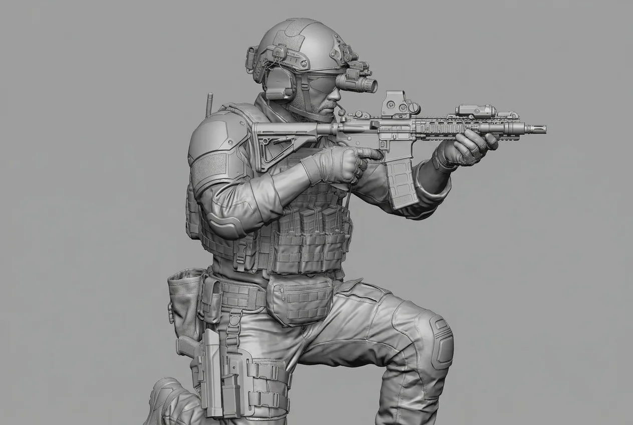 Detailed grey soldier character sculpt