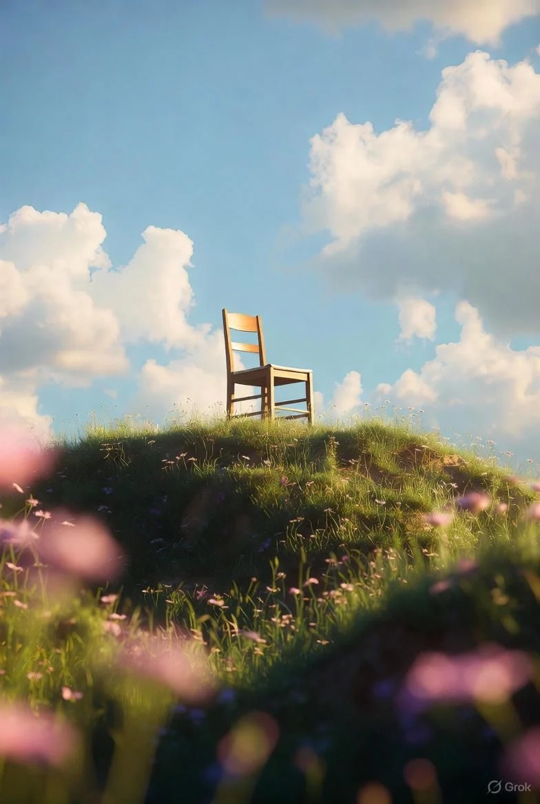 Chair on a sunlit grassy hill