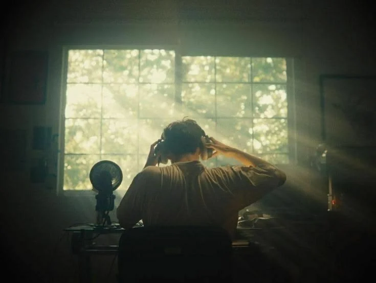 Singer recording in a sunlit studio