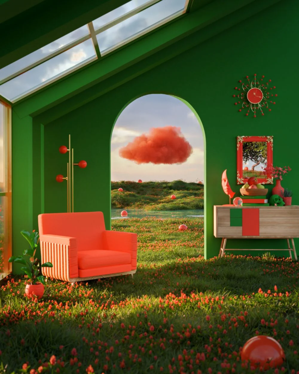 Surreal green room with a red chair