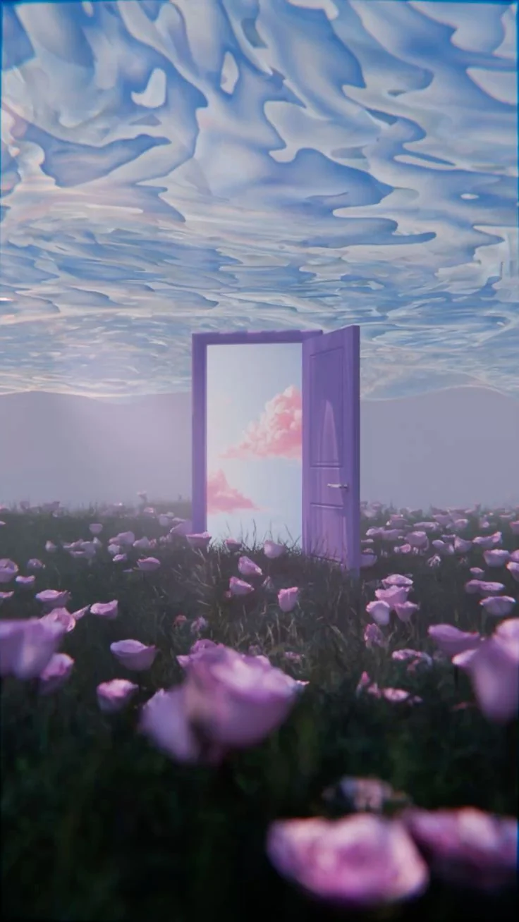 Purple doorway in a flower field